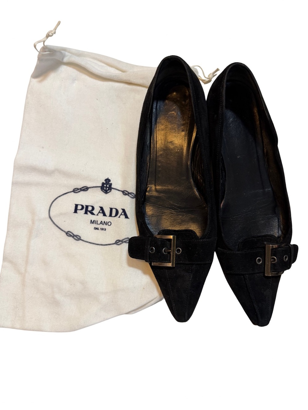 Prada Black Pointed-Toe Suede Flats with Buckle Accent